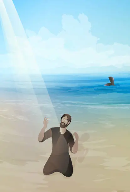 Vector illustration of Bible stories. Jonah 2:11. Jonah 3:1-2.