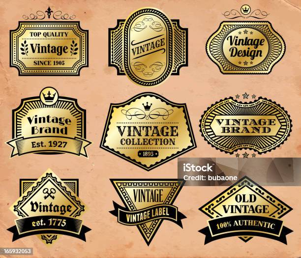 Conjunto De Emblemas De Ouro Rótulos Vintage No Papel Velho - Arte vetorial de stock e mais imagens de 1940-1949