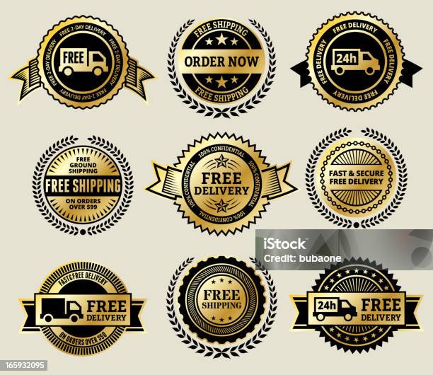 Commande En Ligne Et Profite De La Livraison Gratuite Dun Badge Or Vector Icon Set Vecteurs libres de droits et plus d'images vectorielles de Badge