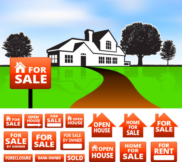 ilustraciones, imágenes clip art, dibujos animados e iconos de stock de bienes raíces de venta señales y suburbano house - sign real estate foreclosure for sale