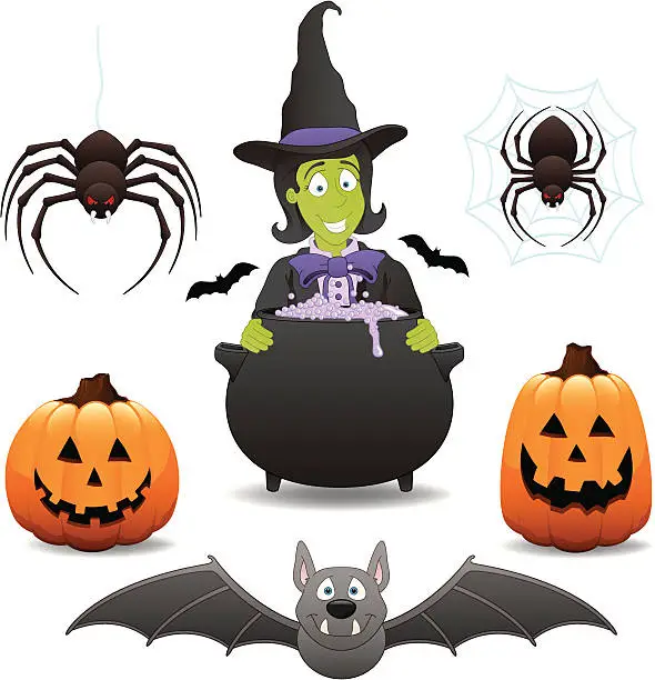 Vector illustration of Witch Bat Spider Halloween Pumpkin Jack O' Lantern Vector Illustration