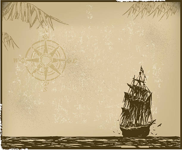 piratenschiff hintergrund mit kompass - piratenschiff stock-grafiken, -clipart, -cartoons und -symbole