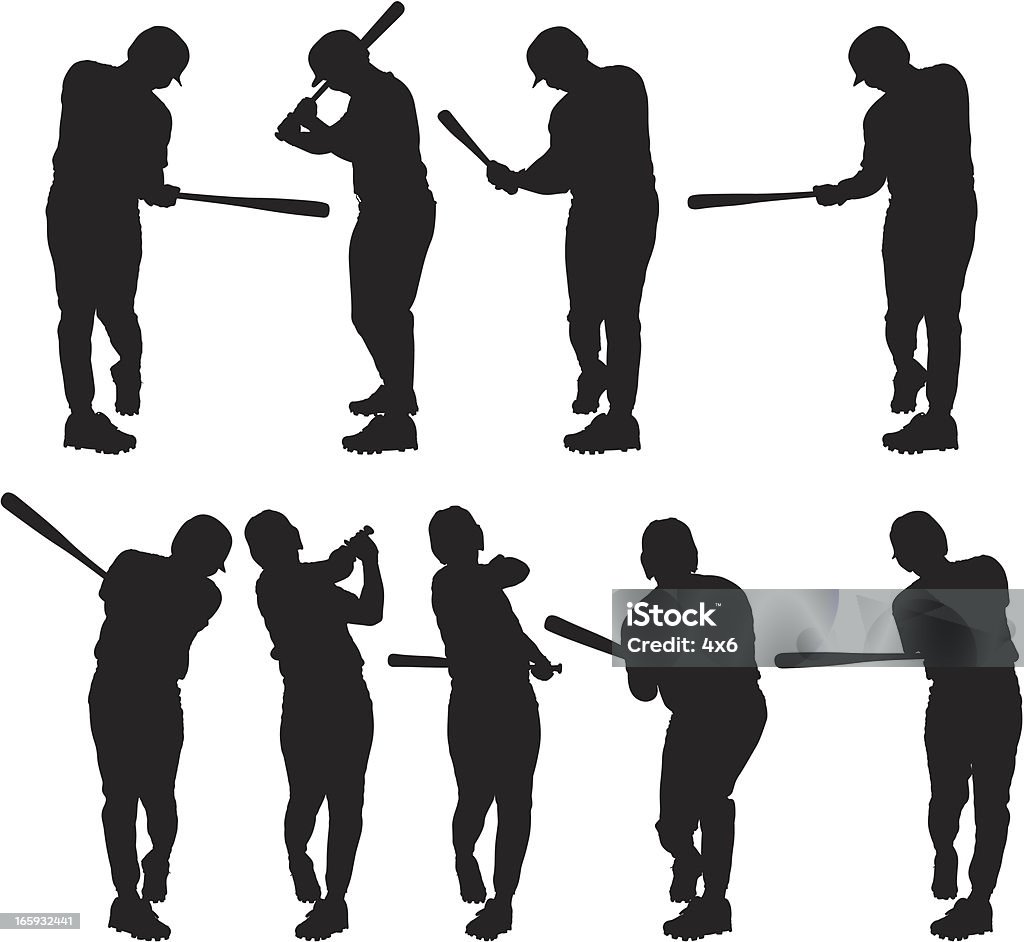 Несколько изображений в Бейсболист в действии - Векторная графика Удар битой по мячу роялти-фри