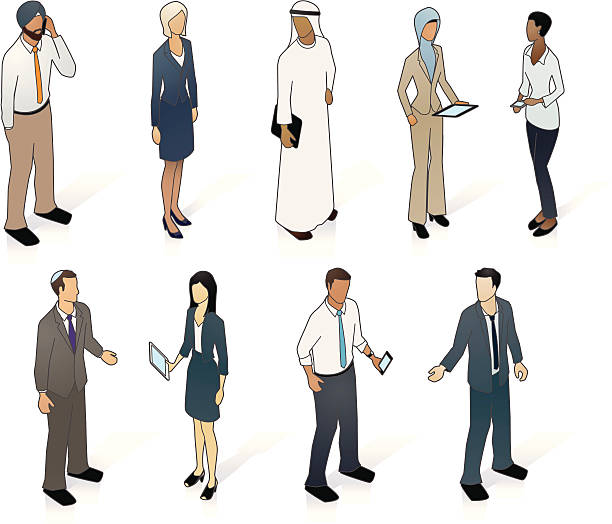 Multicultural Business People Vector illustration of nine people dressed for global business, in isometric view.  Kurta stock illustrations