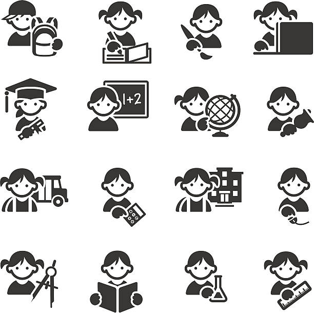 ilustraciones, imágenes clip art, dibujos animados e iconos de stock de iconos de educación escolar para niños - icono niño leyendo