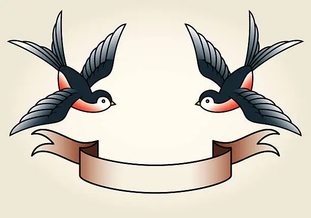 Vector illustration of Classic Sailor-Tattoo Styled Swallows and Banner