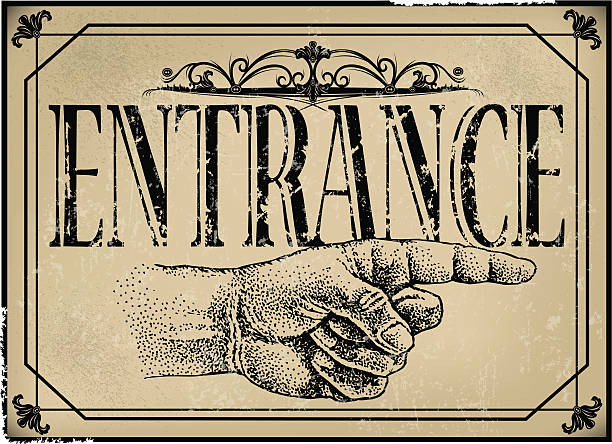 Illustrator 10 with transparencies. Retro illustration of early-century entrance sign with pointing finger. Check out my 