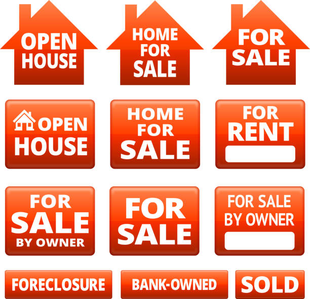 ilustraciones, imágenes clip art, dibujos animados e iconos de stock de señales para la venta de bienes raíces - sign real estate foreclosure for sale