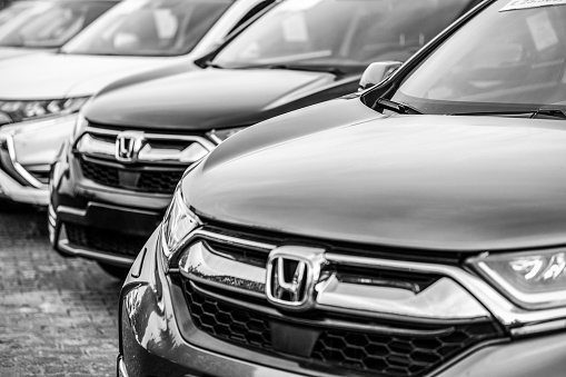 Hamburg, Germany - September 9. 2023: Presentation of used vehicles in a public car dealership in Hamburg. Image developed as „ black and white“