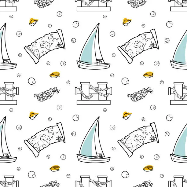 Vector illustration of vector contur and color stain seamless pattern on the theme of sea cruise