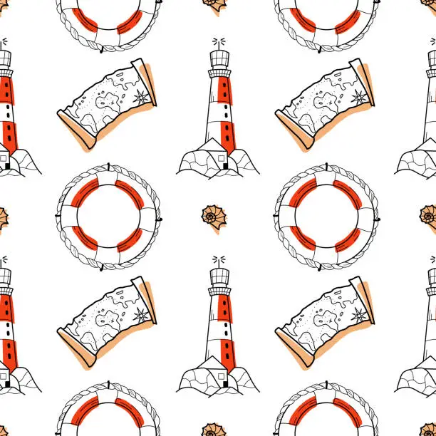 Vector illustration of vector contur and color stain seamless pattern on the theme of sea cruise