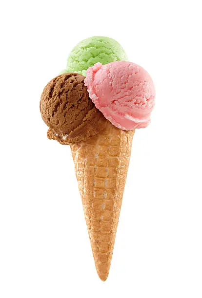 Triple ice cream with cone on white background. Also  all different from each other, not variation.