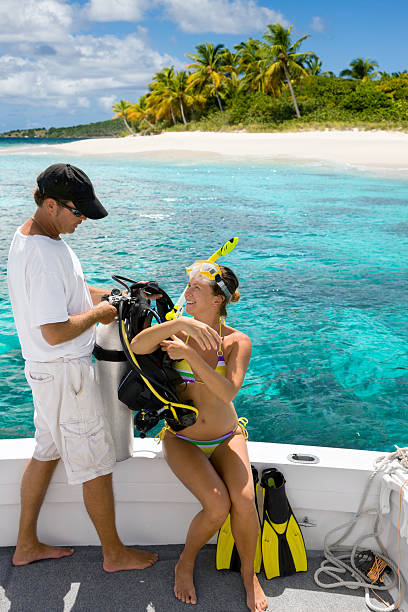 istock Young woman preparing for scuba dive in Caribbean 165933092
