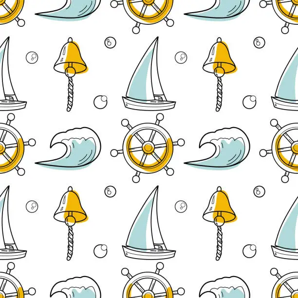 Vector illustration of vector contur and color stain seamless pattern on the theme of sea cruise