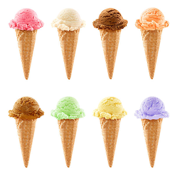 Eight ice cream cones Eight ice cream cones isolated on white background. Also all different from each other, not variation!!!   ice cream cone photos stock pictures, royalty-free photos & images