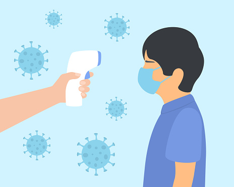 Hand Holding Infrared Thermometer And Measuring Boy's Body Temperature. Virus Cells And Side View Of Little Boy With Protective Face Mask On Blue Background