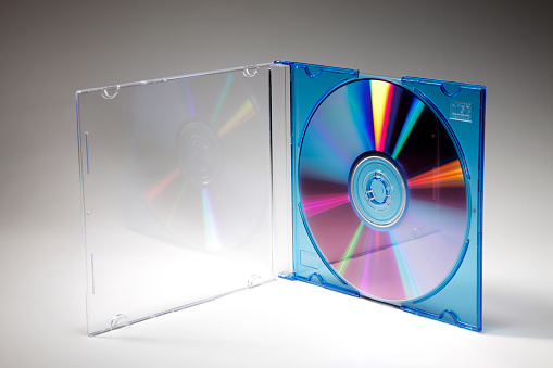 Studio shot of plastic CD or DVD case on plain background