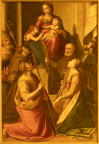 Forlí - The paiting of Madonna among the sanit  in the church Basilica San Mercuriale by Michele Bertucci (1493 - 1520).