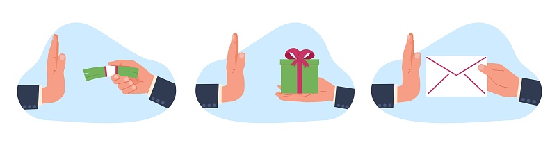 Concept of corruption and venality, hand of businessman refusing offered money and gifts. Businessman does not accept cash in envelope. Illegal profit. Vector cartoon flat style isolated illustration