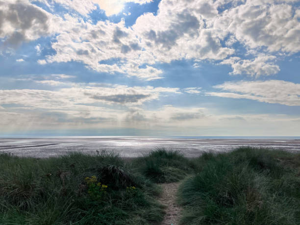 istock Sand dunes with sunlit beach and cloudy blue skies 1659350430