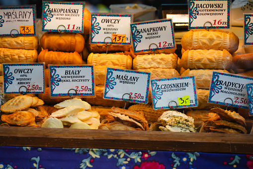 Traditional polish smoked cheese oscypek on christmas market in Zakopane
