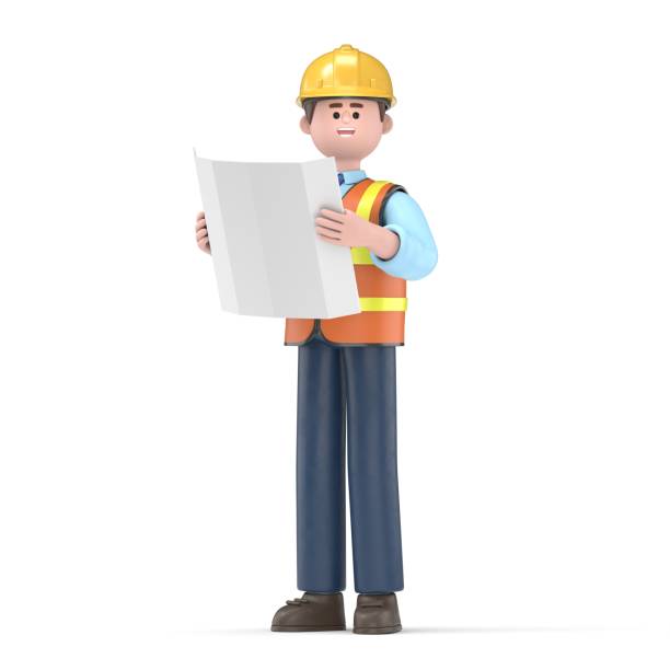 istock 3D illustration of male engineer Owen with reading a drawing.3D rendering on white background. 1659364137