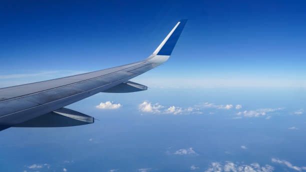 istock Airplane wing on a background of blue sky flight time 1659376809