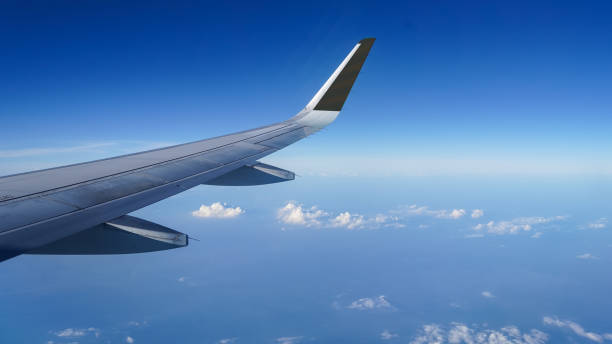 istock Airplane wing on a background of blue sky flight time 1659377330
