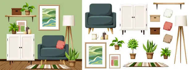 Vector illustration of Modern room interior design with an armchair, a cabinet, a painting, and houseplants. Furniture set. Interior constructor. Cartoon vector illustration