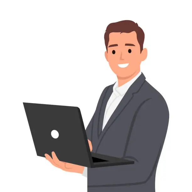 Vector illustration of Young business man in suit using laptop computer on hand.