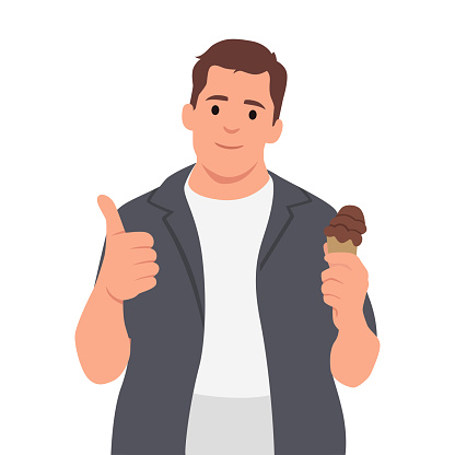 Happy man with ice cream cones in hands. Person licking icecream. Guy enjoying sweet dessert, eating tasty unhealthy sugar food with pleasure. Flat vector illustration isolated on white background