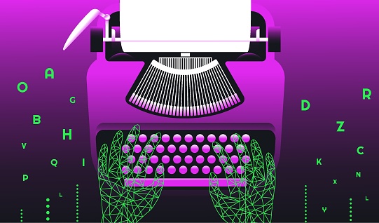 Virtual polygonal hands typing on a typewriter. Artifical intelligence and text generator concept. Vector illustration.