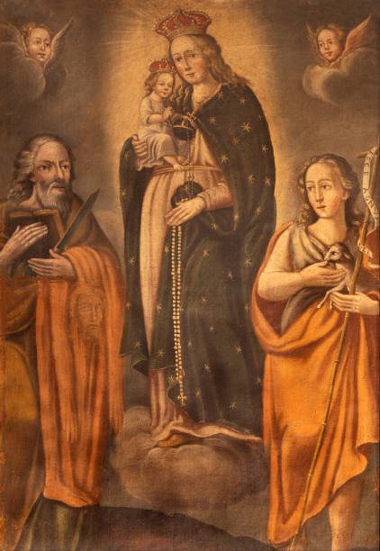 Alagna - The painting of Madonna with the St. Bartholomew and St. John the Baptist in the church San Giovanni Battista Alagna - The painting of Madonna with the St. Bartholomew and St. John the Baptist in the church San Giovanni Battista by unknown artist. alagna stock pictures, royalty-free photos & images