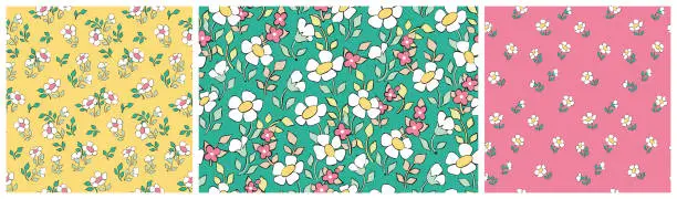 Vector illustration of Seamless floral pattern, cute summer print with small cartoon chamomile flowers in collection. Vector.