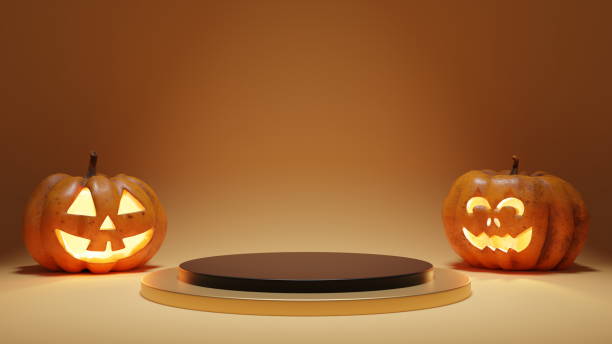 istock Happy Halloween, empty podium, glowing Jack-o-lantern pumpkins, sale. 3d render 1659413817