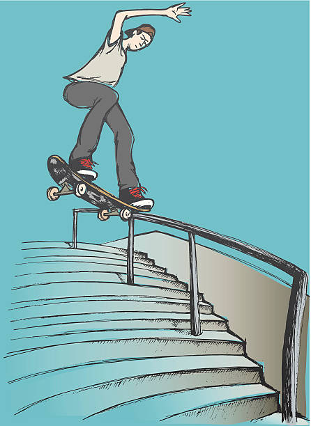 ilustrações, clipart, desenhos animados e ícones de cauda slide com corrimão - skateboard park skateboarding skateboard adolescence