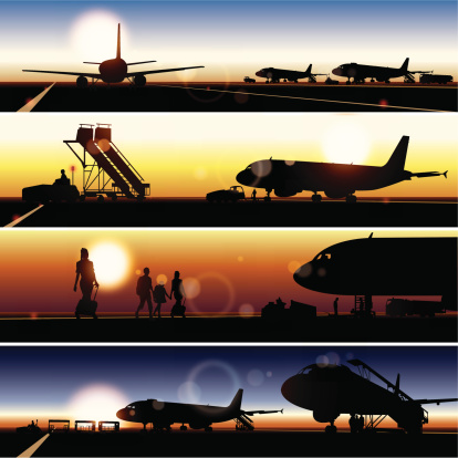 Set of panoramic views of airplane silhouettes at sunset