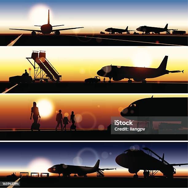 Set Of Panoramic Views Of Airplane Silhouettes At Sunset Stock Illustration - Download Image Now