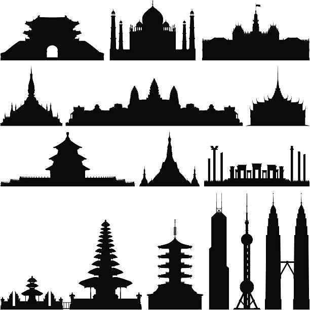 Highly Detailed Asian Monuments From left to right: Sungnyemun -Namdaemun Gate (Korea), Taj Mahal (India), People's Committee Building (Vietnam), Pha That Luang (Laos), Angkor Wat (Cambodia), Grand Palace (Thailand), Temple of Heaven (China), Shwedagon Paya (Myanmar), Persepolis (Iran), Ulan Danu Bratan Temple (Indonesia), Asakusa Temple (Japan), Bank of China Tower (Hong Kong), Oriental Pearl TV Tower (China), and Twin Towers (Malaysia). the bank of china tower stock illustrations