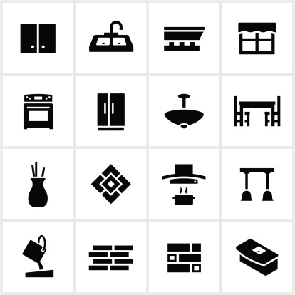 Kitchen remodel icons. All white strokes/shapes are cut from the icons and merged allowing the background to show through.