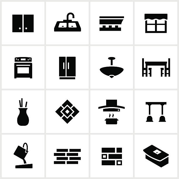 Black Kitchen Remodel Icons Kitchen remodel icons. All white strokes/shapes are cut from the icons and merged allowing the background to show through. light fixture stock illustrations