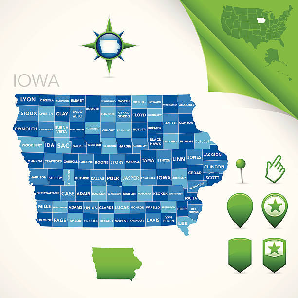 Iowa County Map Highly-detailed Iowa county map. Each county is in it's own separate labeled layer. County names are in a separate layer and can be easily adjusted or removed as well. All layers have been alphabetized for easy manipulation, recoloring or other use. des moines silhouette stock illustrations