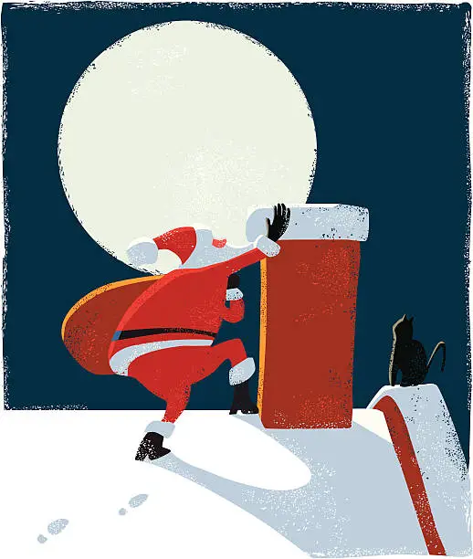 Vector illustration of Santa Claus climbing chimney