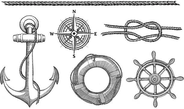 Nautical Elements An ink drawing of an anchor, compass, life ring, rope, and a steering wheel - vector illustration nautical compass stock illustrations