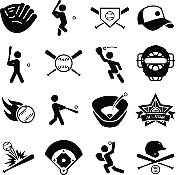 illustrations, cliparts, dessins animés et icônes de baseball série d'icônes-noir - baseball baseballs catching baseball glove