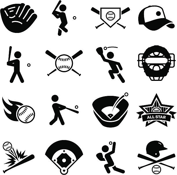 illustrazioni stock, clip art, cartoni animati e icone di tendenza di serie di icone-nero di baseball - baseball base ball hat