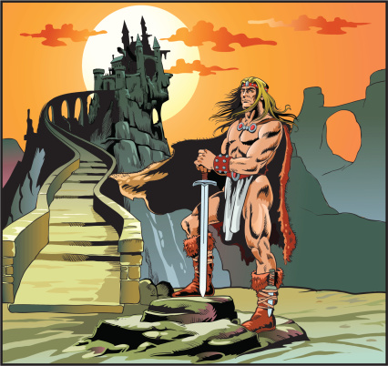 Illustration of an ancient warrier with his sword standing guard before his fortified castle. All images  placed on separate layer for easy editing. High resolution JPG and Illustrator 8 EPS included.