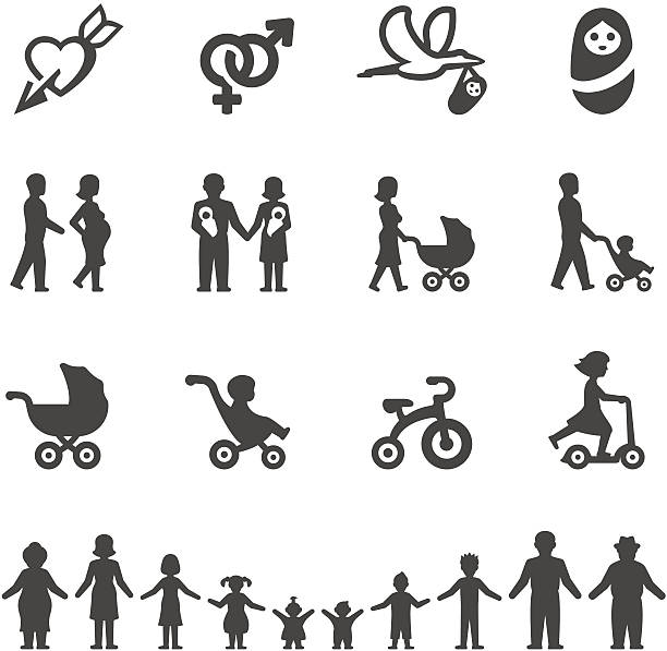 ilustrações, clipart, desenhos animados e ícones de mobico ícones-crias - multi generation family isolated people silhouette