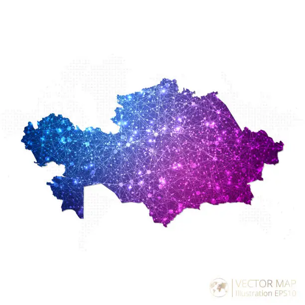 Vector illustration of Kazakhstan map in geometric wireframe blue with purple polygonal style gradient graphic on white background