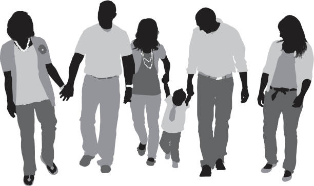 ilustrações, clipart, desenhos animados e ícones de silhueta de uma família caminhando - multi generation family isolated people silhouette